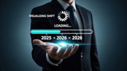 Businessman holding glowing interface with loading bar transitioning from 2025 to 2026 symbolizing digital transformation and visualizing shift ahead
