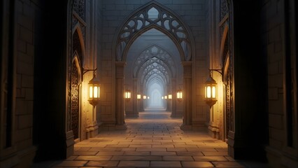 Mysterious gothic archway in a dimly lit corridor