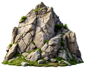 A rocky mountain with green grass isolated on transparent background