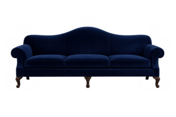 Elegant navy blue velvet lounge sofa with classic ornate legs, providing luxury comfort and vintage design on a transparent background