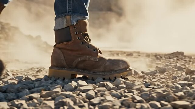 Heavy Duty Construction Boots Walking on Gravel and Dirt Low Angle Worksite Detail