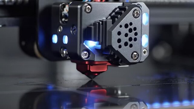 Close-Up of 3D Printer Nozzle Moving with Futuristic Technology Background and Motion