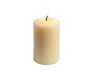 A cylindrical, off-white candle is brightly lit with a small, flickering flame against a stark black background