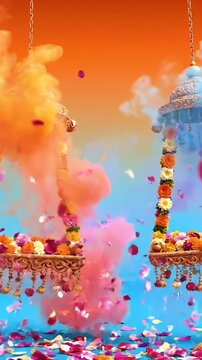 Dol Jatra Festival Banner with Floral Swings, Petals, and Gentle Color Haze
