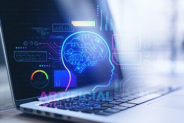 Futuristic artificial intelligence concept with glowing digital human brain silhouette on laptop screen, neural network data analytics, machine learning interface and innovative computer technology

