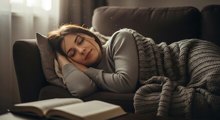 Woman sleeping on couch with book.