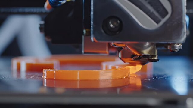 Extreme Close-Up of 3D Printer Nozzle Extruding Hot Orange Plastic Filament