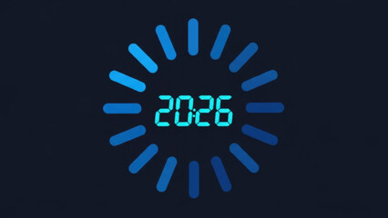Circular digital loading indicator with glowing blue segments around the year 2026, symbolizing anticipation and upcoming event or completion of a task