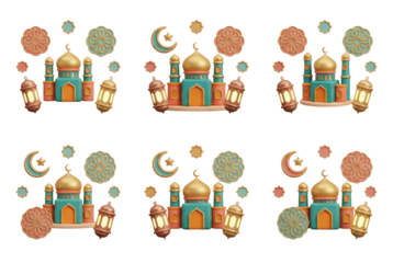 Ramadan Islamic Mosque Decor with Crescent Moon, Lanterns, and Ornate Patterns
