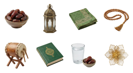 Ramadan Symbols: Dates, Lantern, Prayer Mat, Quran, Beads, Drum, Water