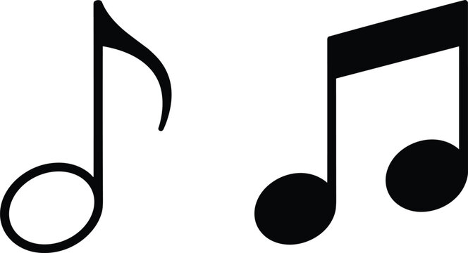 Simple black outline eighth note and solid sixteenth note vector icons isolated on white background for musical design.