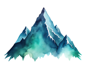 Watercolor mountain range isolated on transparent background, painted with blue and green