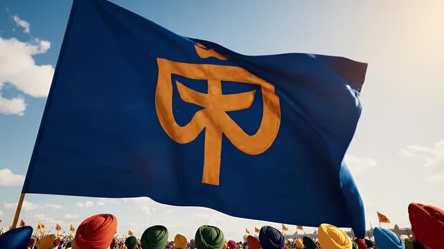 Hola Mohalla Banner with Large Blue Nishan Sahib Flag and Khanda Symbol Waving Against Sky