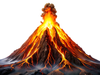 Volcano erupting with lava flowing down the mountain isolated on transparent background