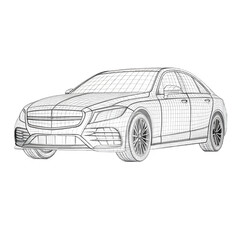 Fototapeta premium A detailed wireframe illustration of a sleek, modern luxury sedan with a transparent background. The car features a prominent front grille, smooth curves, and stylish alloy wheels.