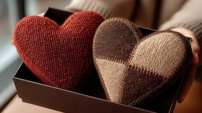 valentine day in patchwork style concept. Handmade heart pillows in a decorative box, symbolizing love.