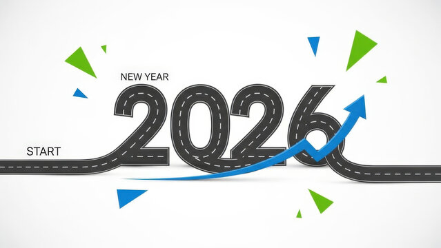 Creative 2026 new year road map illustration with blue growth arrow and green triangle shapes symbolising start of successful journey and progress - Powered by Adobe