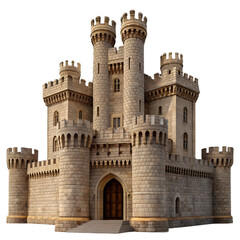 Obraz premium A detailed 3D rendering of a medieval castle with multiple towers and battlements, showcasing classic architectural features such as turrets, crenellations, and arched windows.