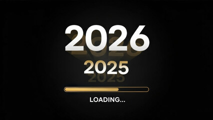 Digital animation showing year 2026 appearing over fading year 2025 with loading bar underneath on dark background signifying time passing