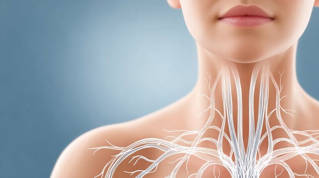 Female neck with glowing lymphatic system &mdash; ideal for medical blogs, wellness sites, or immune health content. Highlights detox, immunity, and body balance.

