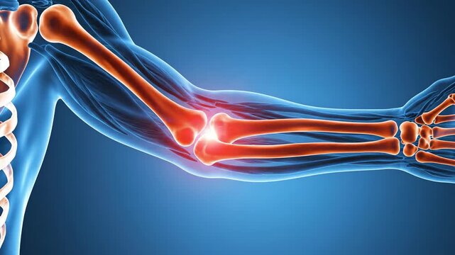 Medical illustration of human arm bones with red highlights
