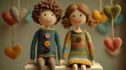 valentine day in patchwork style concept. Two handmade dolls sit together with colorful hearts in the background.