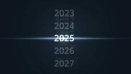 Digital clock display effect showing transition from past to future with year two thousand twenty five highlighted by bright light beam in center