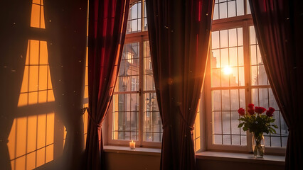 Window with Curtains and Flowers at Sunset.