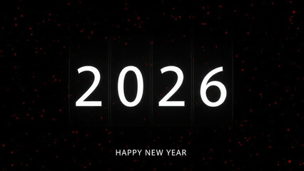 Digital counter displaying white glowing 2026 number on black background with red bokeh particles for happy new year celebration countdown event theme
