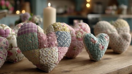 valentine day in patchwork style concept. Quilted fabric hearts arranged on a wooden surface with soft lighting.