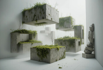 Floating concrete blocks with green moss best for surreal architecture, eco design, and futuristic concepts