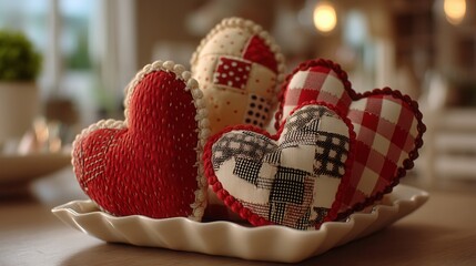 valentine day in patchwork style concept. Colorful fabric hearts in a decorative bowl on a wooden table.