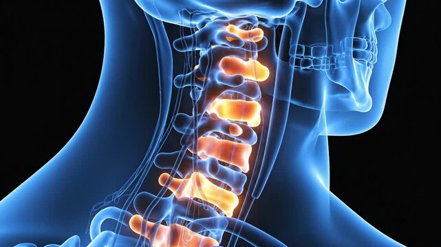 Medical illustration of human cervical spine anatomy on black background