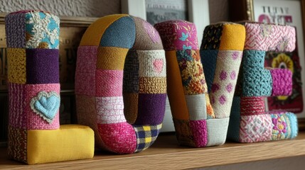 valentine day in patchwork style concept. Decorative letters spelling "LOVE" in patchwork fabric designs.