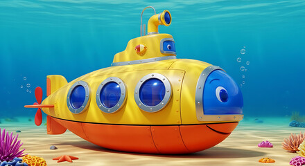 Yellow Submarine Toy Underwater Scene Cartoon.