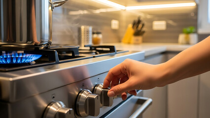 A focused view of a person's hand precisely adjusting the flame on a sleek gas cooktop, bringing a pot to the ideal temperature for culinary creation in a modern kitchen
