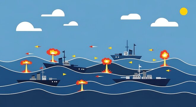 Naval Battle Scene with Warships and Explosions on the Ocean.