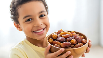 Young Boy Holding Bowl of Dates.