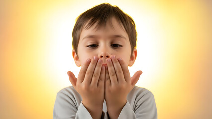 Young Boy Covering Mouth with Hands.