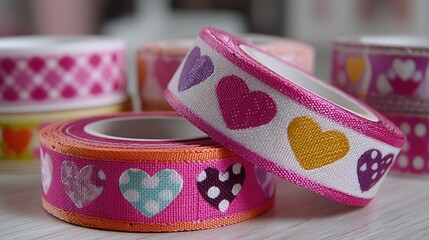 valentine day in patchwork style concept. Colorful decorative tape rolls with heart patterns in focus.