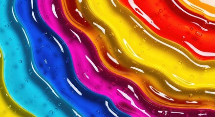 A vibrant, abstract painting with wavy, colorful lines and droplets of water on a colorful background.