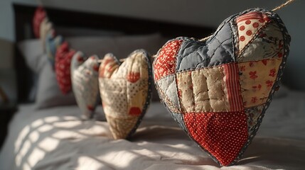 valentine day in patchwork style concept. Decorative patchwork heart pillows on a bed with soft lighting.