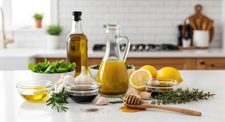 A kitchen counter with various ingredients and utensils, including a bottle of olive oil, a jar of honey, and a bowl of lemon slices.