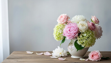 Floral Arrangement with Roses and Hydrangeas.