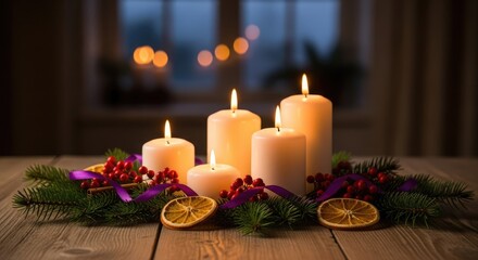 A Christmas candle arrangement with lit candles and festive decorations on a wooden table.