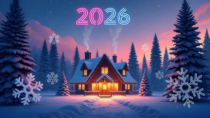 Cozy winter cabin in snowy forest on 2020 christmas night