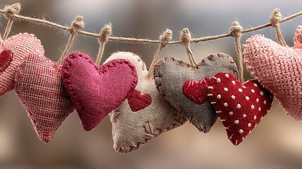 valentine day in patchwork style concept. Cloth hearts hanging on a line, symbolizing love and affection.