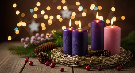 Four lit candles with purple and pink colors, surrounded by pine cones and berries on a wooden table with a blurred background of lights and stars.
