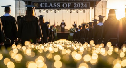 Graduates in caps and gowns at a graduation ceremony, with a stage and illuminated lights in the background.