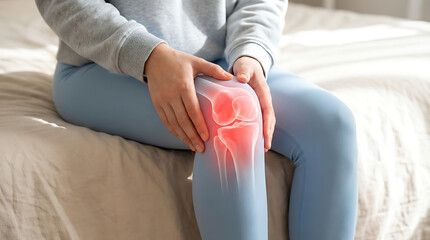 Close up of woman hands holding painful knee with red highlight showing joint pain or arthritis symptoms while sitting on bed in soft white pajamas